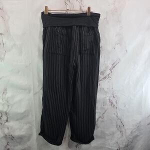 Anthropologie Pants Womens XS Black Brown Stripe Linen High Rise Cuff Crop Hei